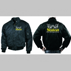 Skinhead - Pride, Strength, Family  čierna zimná letecká bunda BOMBER Winter Jacket s límcom, typ CWU z pevného materiálu s masívnym zipsom na zapínanie 100%nylón, čiastočne vodeodolná